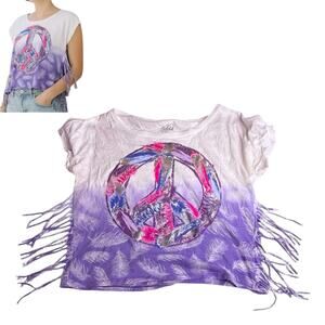 Justice Peace Fringe T Shirt Girls 16 Purple Pink Metallic Silver Summer Tee Top